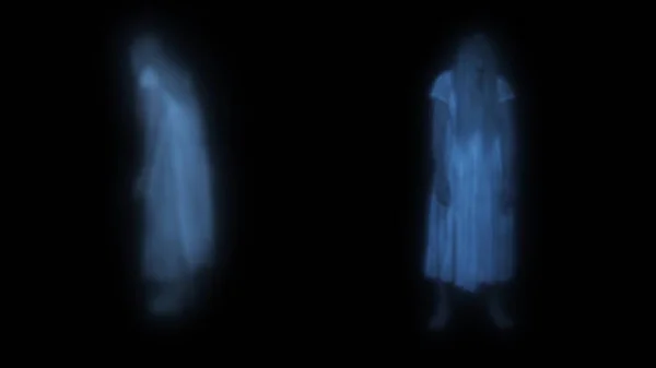 Täysikokoinen Laukaus Kaappaa Kaksi Naishahmoa Poltergeist Aave Siluetteja Hologrammi Edessä — kuvapankkivalokuva