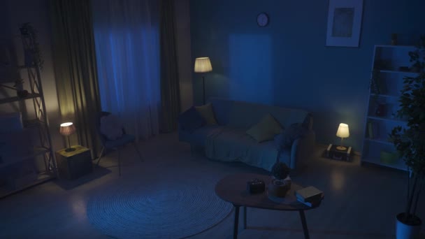还有一个公寓的视频 一个晚上的公寓 光线昏暗 舒适的房间 房间里的沙发 桌子和其他家具 午夜过后 创意内容 Hdr — 图库视频影像