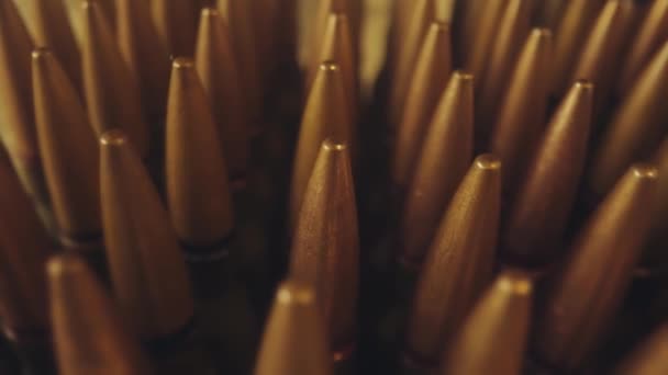 Számos Töltényhüvely Sorai Záródnak Lőfegyverek Lőtér Lőszergyártás Kereskedelem Fogalma — Stock videók