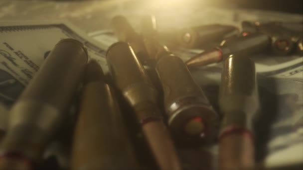 Live Ammunition Mixed Dollar Bills Cartridges Money Beams Searchlight Concept — Stock Video