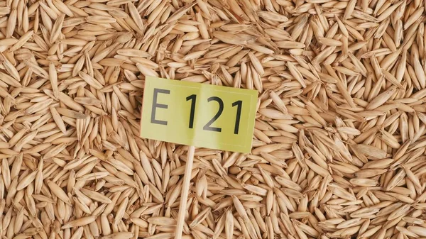 转基因产品的概念 农业工业中的化学品 麦粒背景截图及印有E121字样的纸签 — 图库照片