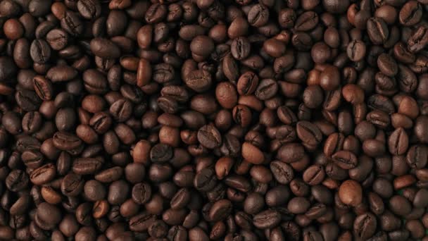 Κοντινό Πλάνο Πολλούς Καβουρδισμένους Κόκκους Καφέ Σβήνουν Από Πράσινο Φόντο — Αρχείο Βίντεο