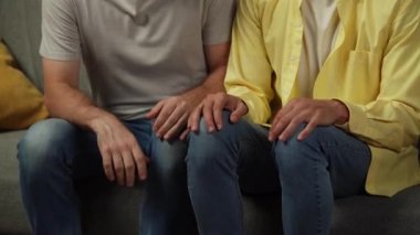 Homoseksüel bir çiftin videosunu kapat. Adamlar kanepede oturuyorlar. Kıskanç ve stresli görünen ortağına kendini sakince anlatmaya çalışır. LGBT, eğitim içeriği.