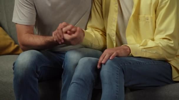 自宅で同性愛者のカップルのビデオを閉じます 男たちはソファに座り 手を握り お互いに暖かく愛を表現しています Lgbt 教育コンテンツ プライド — ストック動画