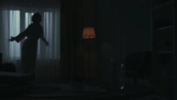 Portrait Silhouette Féminine Dans Appartement Sombre Femme Peignoir Agacée Par — Video