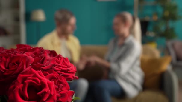 赤いバラの花束は 部屋のソファーに座っているカップルのぼやけた背景に近い 男は女性の手にキスをし 抱きしめる 記念日 女性の日 バレンタインデー — ストック動画