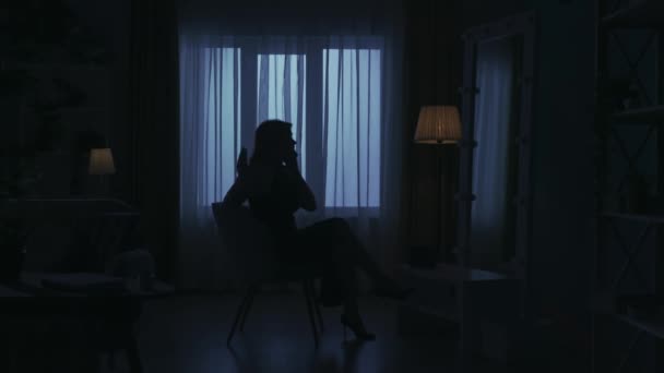 黑暗的公寓房间里一个女性轮廓的肖像 每天都有创意的生活概念 穿着连衣裙的女人坐在房间里的椅子上 看着镜子 用智能手机与人交谈 — 图库视频影像