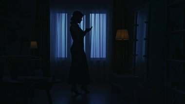 Karanlık dairedeki kadın siluetinin portresi. Günlük yaratıcı yaşam konsepti. Elbiseli ve topuklu ayakkabılı bir kadın oturma odasında duruyor, elinde akıllı telefon var..