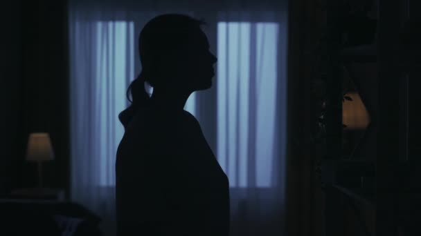 Closeup Shot Portrait Female Silhouette Dark Apartment Everyday Life Creative — Stock Video