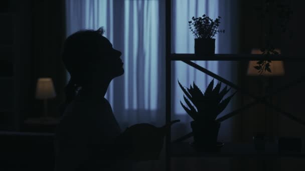 Nahaufnahme Porträt Einer Weiblichen Silhouette Der Dunklen Wohnung Kreatives Konzept — Stockvideo