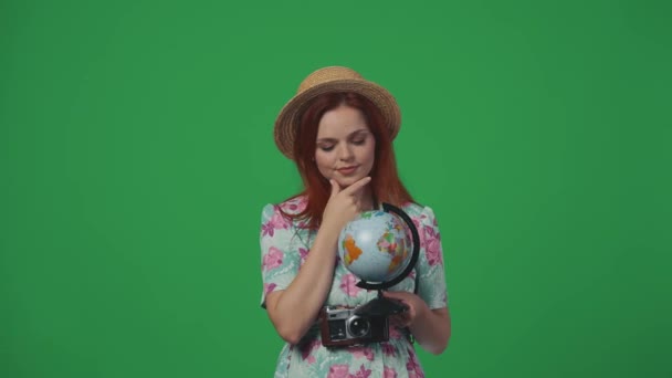 Travelling Advertisement Creative Concept Woman Traveller Holding Small Globe Spins — Stock Video