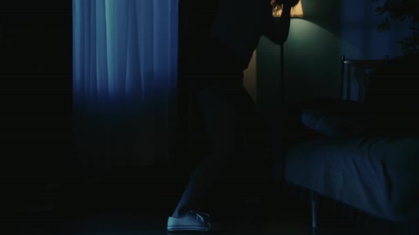 Horror Movie Scene Apartment Creative Concept Closeup Shot Girl Hitting — Stock Video
