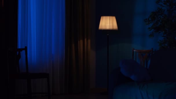 아파트의 창조적 개념에서 전면에 현대적인 의자와 소파와 어두운 거실의 클로즈업 — 비디오