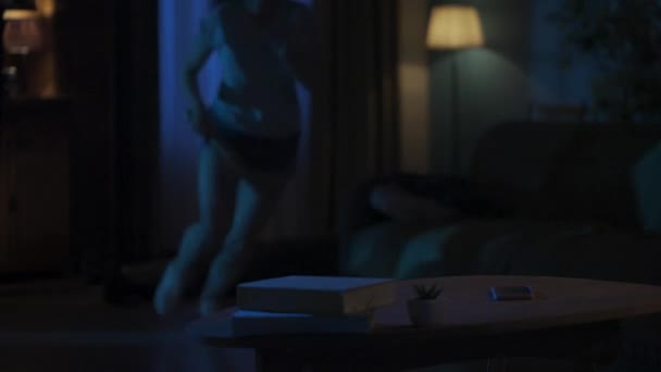 Horror Movie Scene Apartment Creative Concept Girl Hitting Man Floor — Stock Video