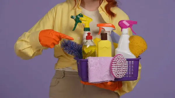 Everyday Cleaning Housekeeping Concept Closeup Shot Woman Rubber Gloves Holding — Stock Photo, Image