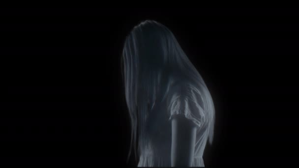 美しい女性の姿 ポルテッジスト ホログラムが彼女の手を引っ張った中側ビュービデオ ブラックバック あなたのクリップに挿入するためにモックアップ ホラー 超常現象 — ストック動画