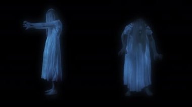 İki kadın figürü, kötü ruh, hayalet siluetleri, ön ve yan görünümde hologramları gösteren gerçek boyutlu video. Siyah arka plan. Videonuza eklemek için ayarlayın, reklam. Korku, paranormal.