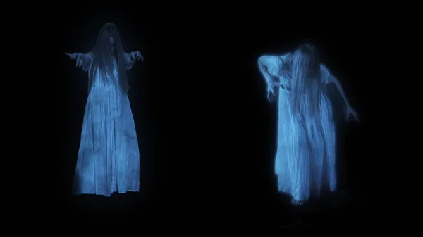 Pełnowymiarowe Ujęcie Dwóch Postaci Kobiecych Poltergeist Sylwetki Duchów Hologram Stojący — Zdjęcie stockowe