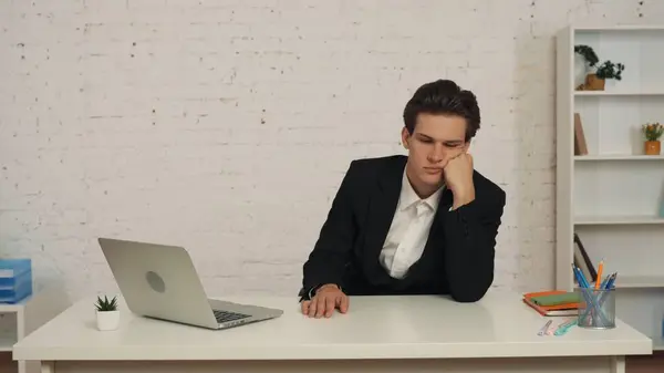 Medium Shot Young Man Sitting Table Office Taking Break Work — Stock Photo, Image