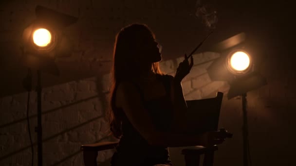 Sinematografi Sahne Arkası Yaratıcı Konsepti Siyah Elbiseli Zarif Bir Kadının — Stok video