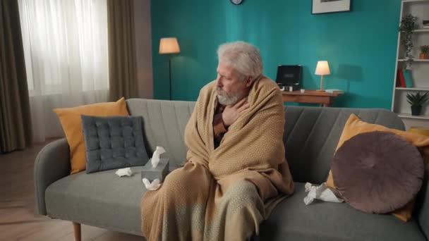 Yaşlı Emekli Bir Adamın Koltukta Oturan Yaşlı Bir Vatandaşın Battaniyeye — Stok video