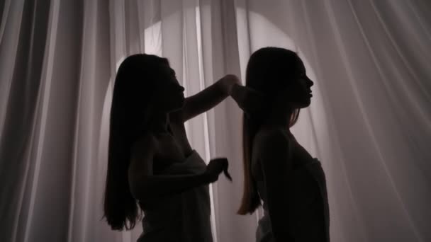 Közepes Oldalnézeti Videó Két Lánytestvérről Fiatal Nők Sziluettjei Egy Törülközőbe — Stock videók