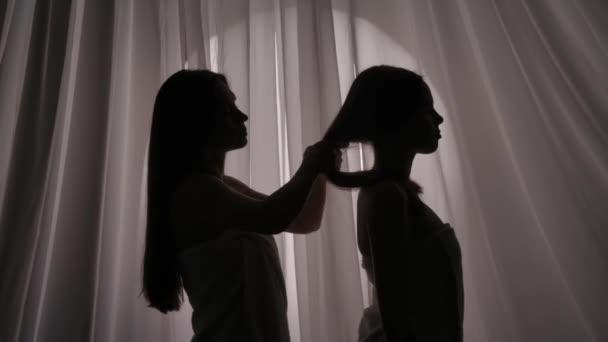자매의 비디오 실루엣 수건에 하나는 스트로킹 머리카락을 머리카락에 만지고있다 — 비디오