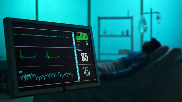 特写镜头捕捉显示心脏和压力率的特护单元 一个病人在背景下死亡的模糊轮廓 线路笔直地在监视器上 — 图库照片