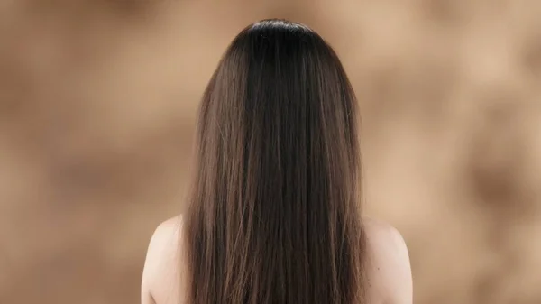 バックグラウンドに対するフレームには 長くて暗くてまっすぐな髪を持つ中年の女性がいます カメラに彼女の背中に立って 髪の美しさと健康を示しています — ストック写真