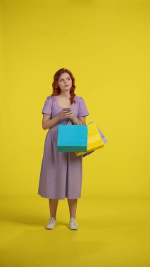 Alışveriş çantalı genç bir kadın akıllı telefon kullanıyor. Bir kadın kazançlı tekliflere, terfilere bakar ve online sipariş verir. Stüdyoda sarı arka planda uzun boylu kızıl saçlı bir kadın. Dikey çekim