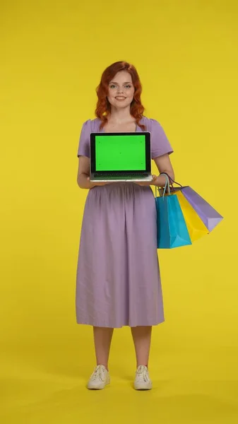 Een Roodharige Vrouw Heeft Een Laptop Met Een Groen Scherm — Stockfoto