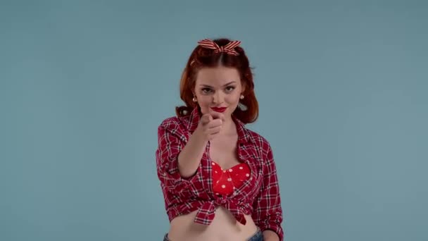 Shot Deep Background Young Red Haired Woman She Dressed Red — Stock Video