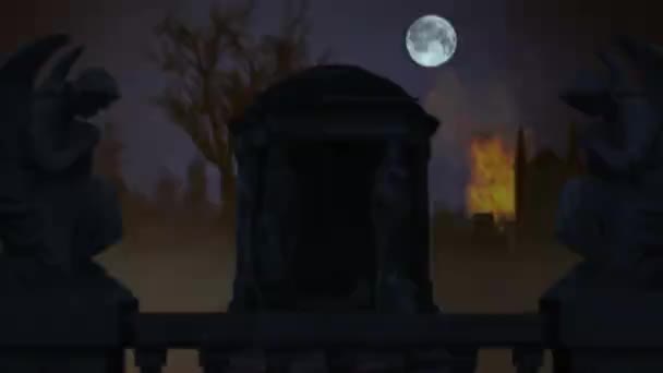 Fundal Video Unui Cimitir Amenajat Foc Statui Laterale Piatră Funerară — Videoclip de stoc