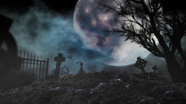 Photo background of a graveyard, cemetery filled with tombstones, gravestones. Wet ground, misty and foggy, full moon. Halloween, spooky season. Clip for your advertisement or creative content.