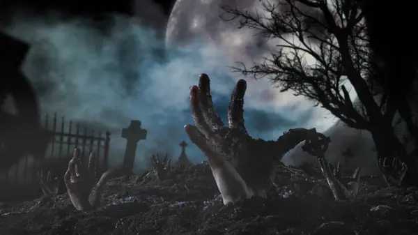 Fotografické Pozadí Hřbitov Plný Náhrobků Zombie Ruce Zvedající Zpod Země — Stock fotografie