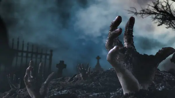 Фотофон Кладбище Заполненное Надгробиями Руки Зомби Поднимаются Земли Ходячие Мертвецы — стоковое фото