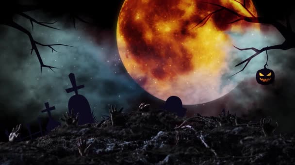 Video Bakgrund Kyrkogård Fylld Med Gravstenar Zombiehänder Som Höjs Från — Stockvideo