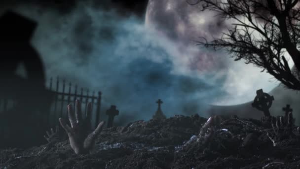 Fundo Vídeo Cemitério Cheio Lápides Mãos Zombie Levantadas Debaixo Chão — Vídeo de Stock