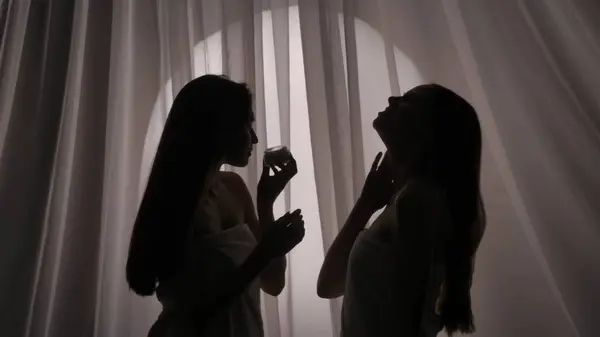 Vue Latérale Moyenne Deux Sœurs Silhouettes Jeunes Femmes Enveloppées Dans — Photo