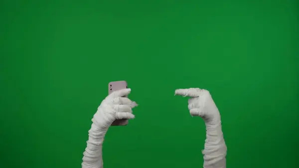 Szczegóły Zielony Ekran Pojedynczy Klucz Chroma Zdjęcie Przechwytywanie Mumie Ręce — Zdjęcie stockowe