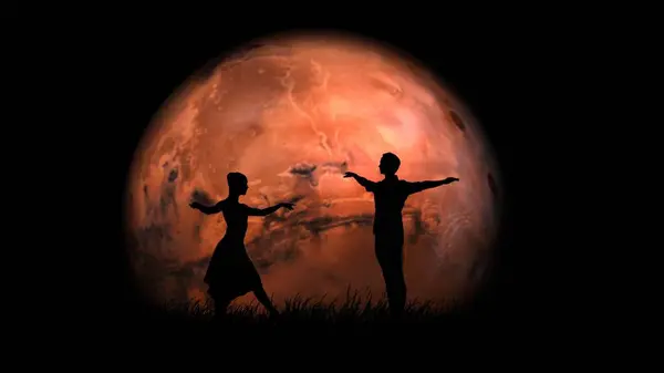 Ballet on the full moon background art concept. Portrait of adult professional dancers. Beautiful male and female artists of ballet posing against big red solar planet isolated on black background.