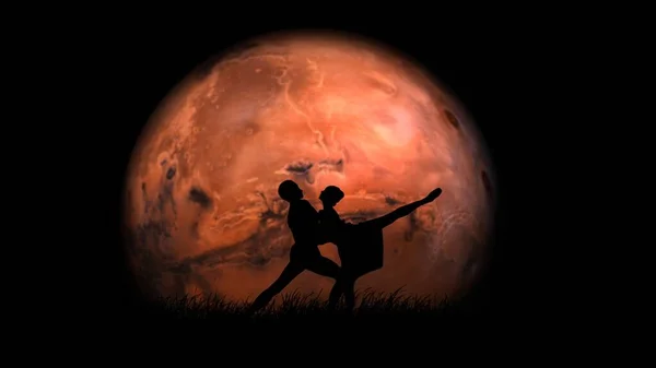 Ballet on the full moon background art concept. Portrait of adult professional dancers. Beautiful male and female artists ballet dancers posing on red full moon solar planet background.