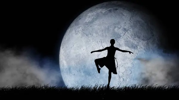 芭蕾关于满月背景艺术的概念 专业舞蹈演员的肖像 年轻的女芭蕾舞蹈家在大白月背景下穿着雨衣表演特技表演 — 图库照片