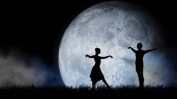 Ballet on the full moon background art concept. Portrait of beautiful professional dancers. Close up of male and female ballet duet posing on full moon background, solar system planet and clouds.