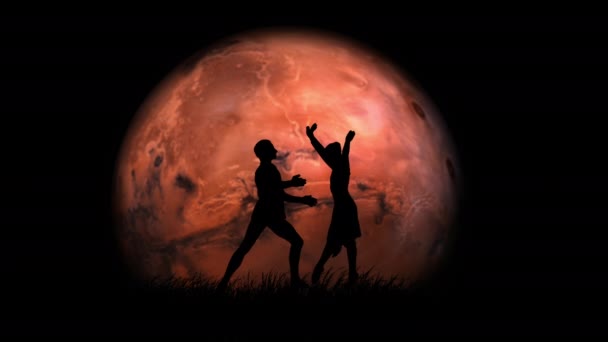 月亮上的芭蕾背景下的创意概念 职业舞蹈家的肖像 美丽的男男女女芭蕾舞演员在满月的红色幻想背景下表演经典的舞曲 — 图库视频影像