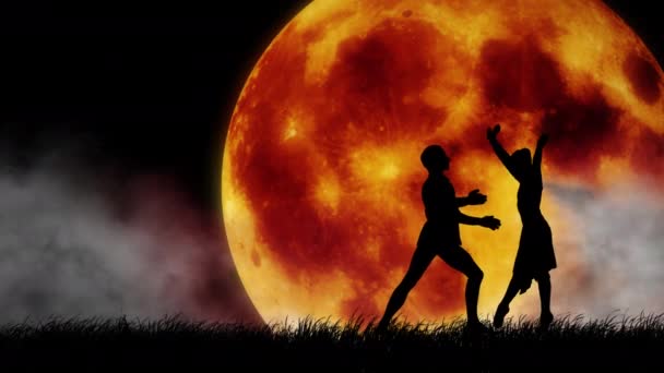 月亮上的芭蕾背景下的创意概念 职业舞蹈家的肖像 特写芭蕾舞演员在火上表演元素 满月背景 美丽的星球和云彩 — 图库视频影像