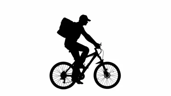 Czarna Sylwetka Dostawcy Plecakiem Lodówka Jazda Rowerze Sportowym Izolowane Białym — Zdjęcie stockowe