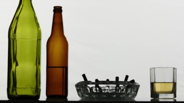 Primer Plano Cámara Mueve Mostrando Botellas Vidrio Vacías Disipadas Con — Vídeo de stock