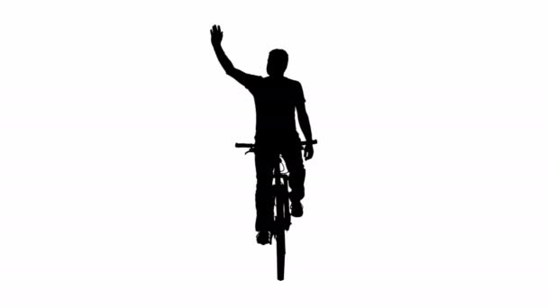 Front View Black Silhouette Man Cyclist Riding Bicycle Free Hands — Stock Video