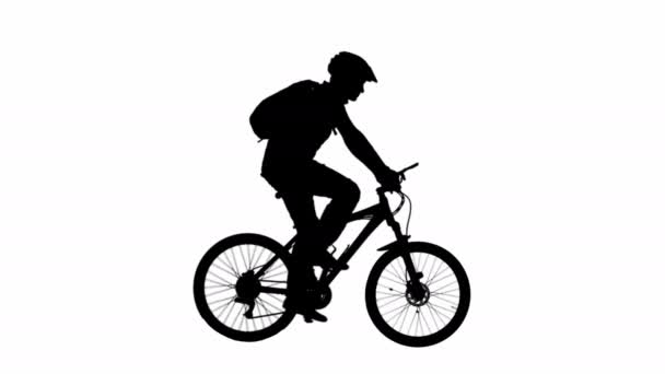 Black Silhouette Man Helmet Backpack Riding Sport Bicycle Waving Hand — Stock Video